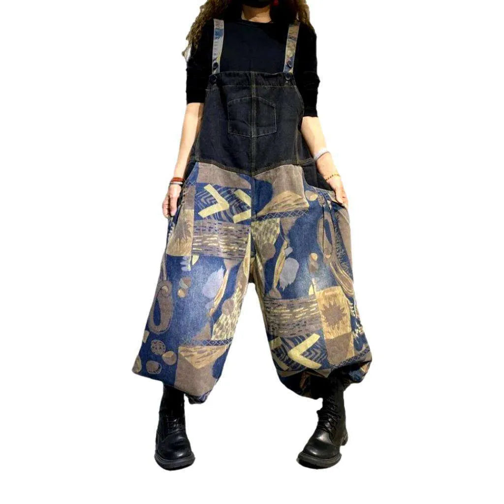 Painted Baggy Denim Overall for Women - Black