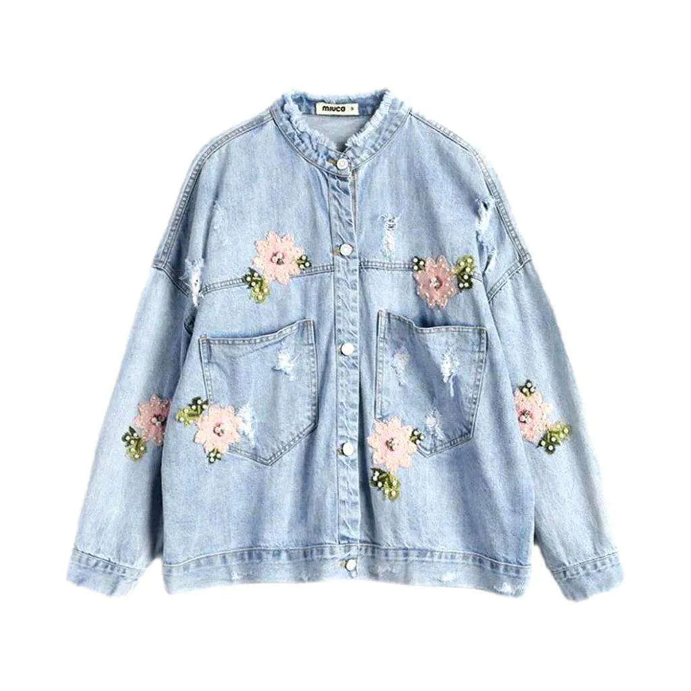 Oversized Light Wash Floral Women's Denim Jacket - Light Blue