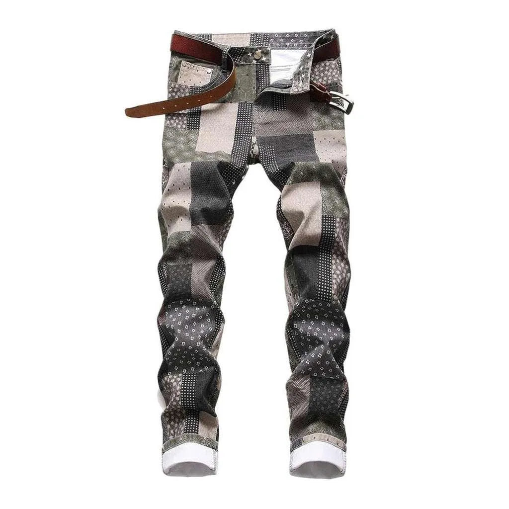 Patchwork print men's jeans