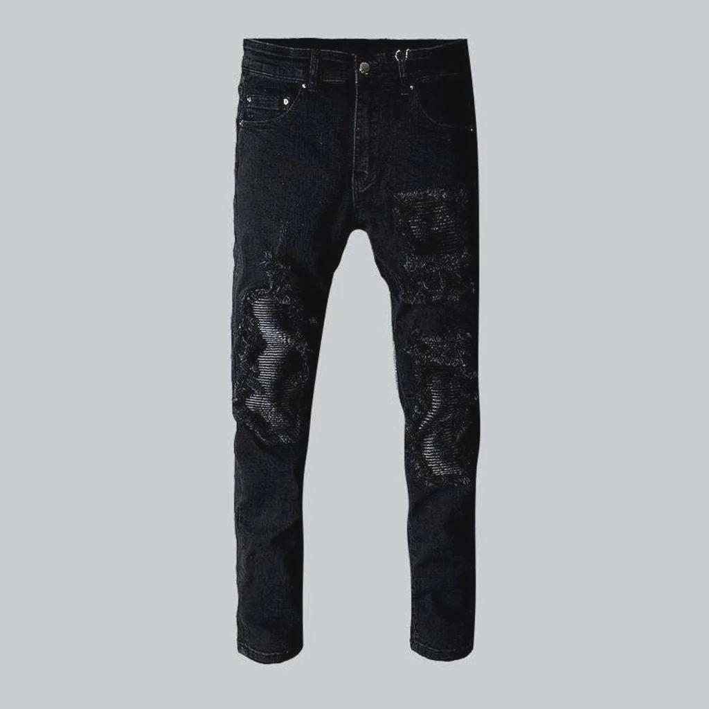 Black patch stretch biker jeans | Jeans4you.shop