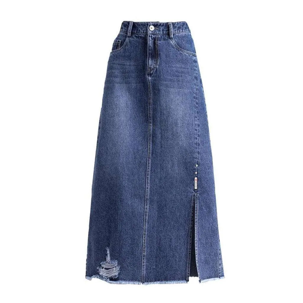 Ripped edge long denim skirt