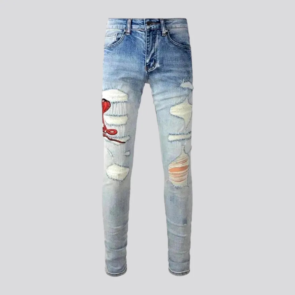 Sanded Embroidered Skinny Red-cobra Men's Jeans | Jeans4you.shop