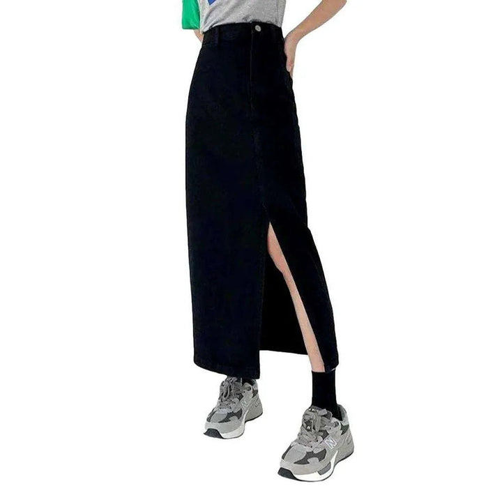 Side closure long denim skirt