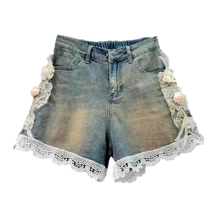 Vintage lace-embroidery jean shorts