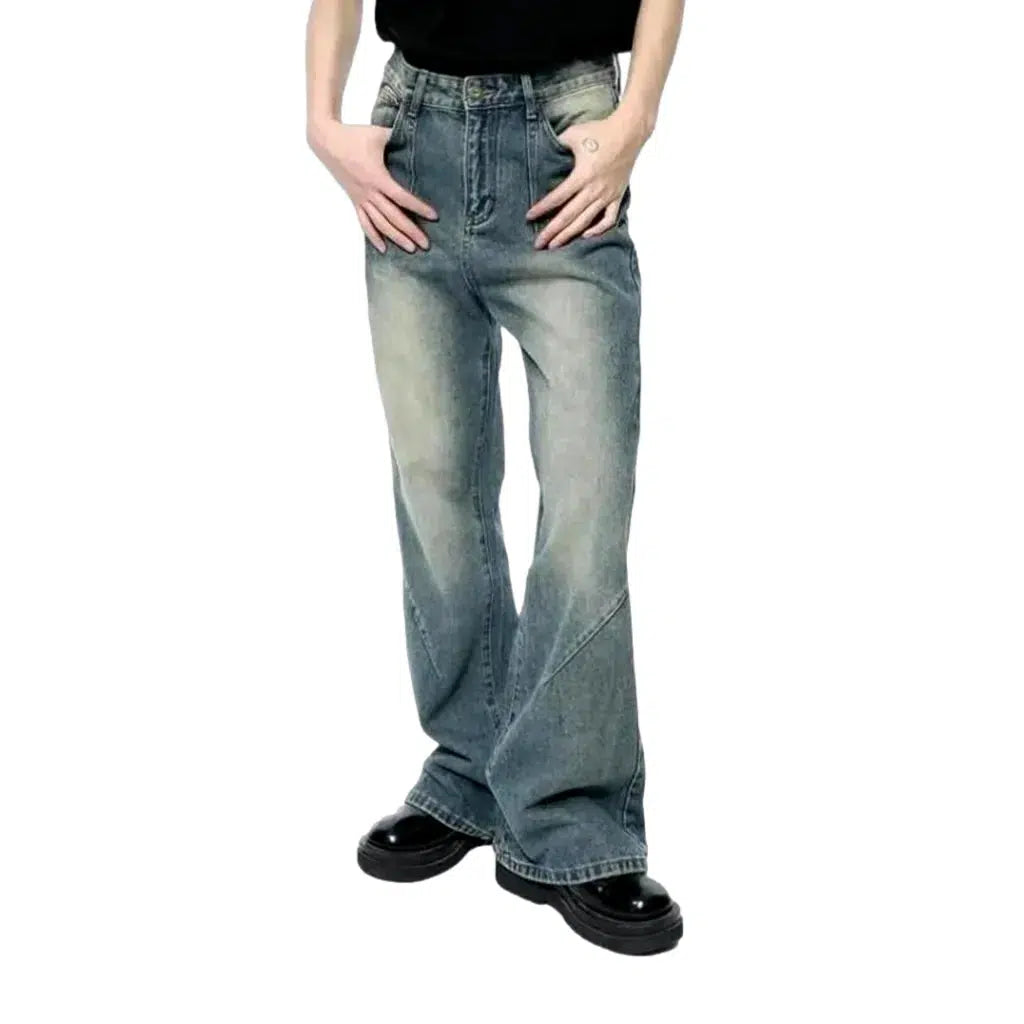 Whiskered men's front-waist-seams jeans
