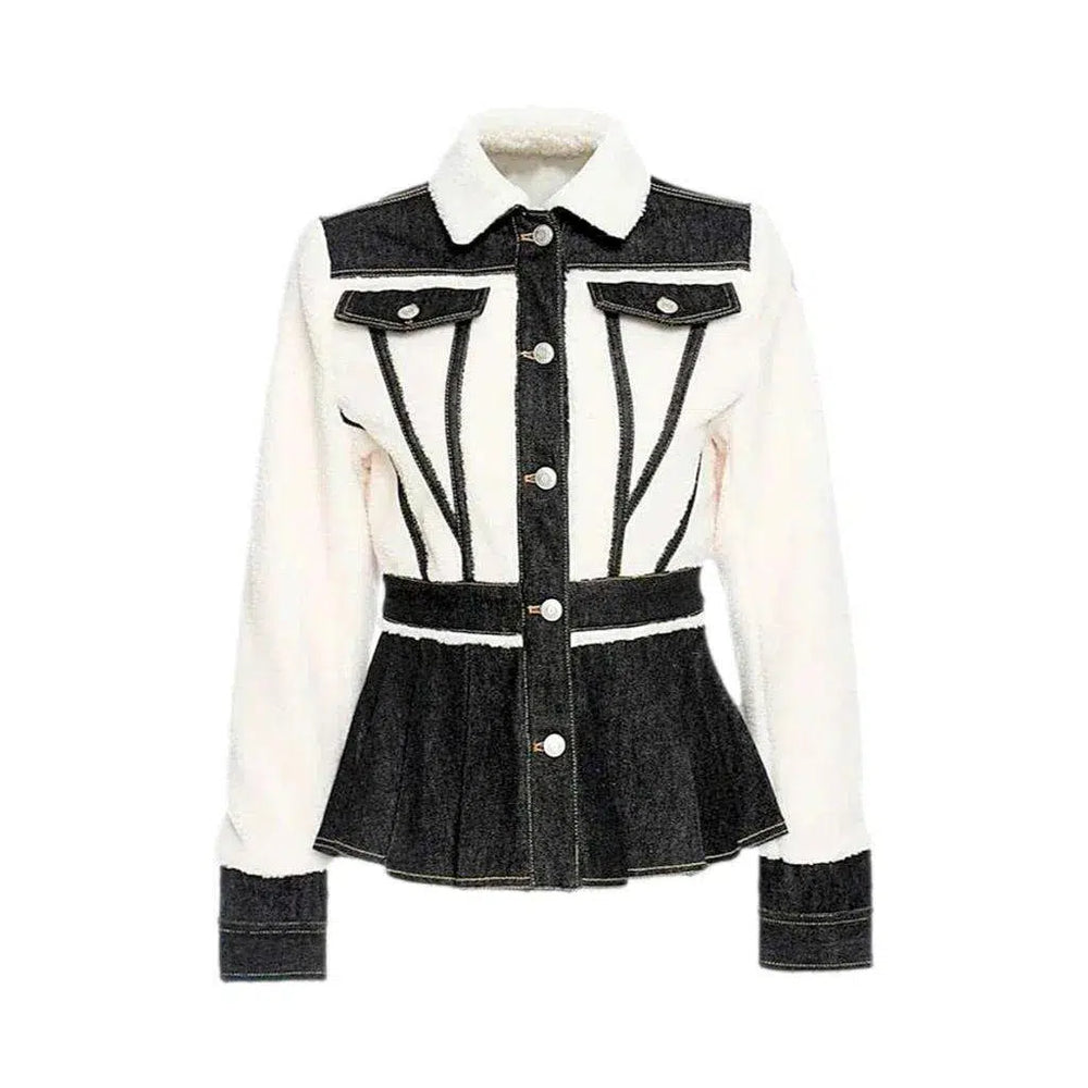 mixed-fabrics, slim, black & white, sherpa, pleated hem, buttoned, women's jacket | Jeans4you.shop