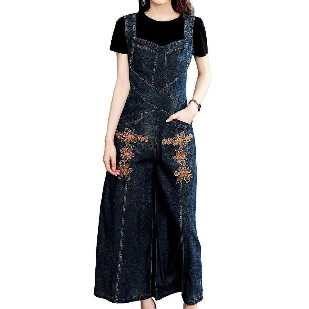 Women's Denim Wide Jumpsuit - Dark Blue