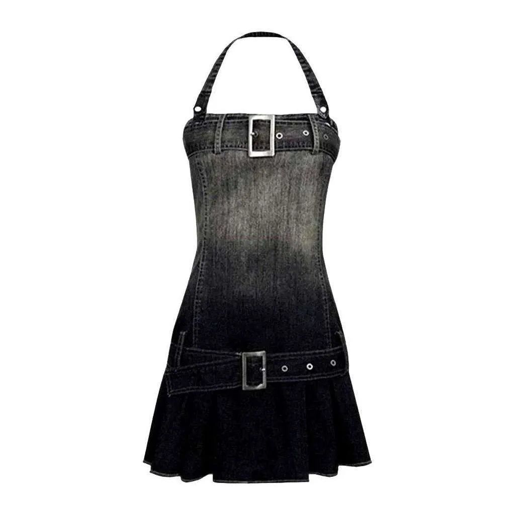 Y2k Contrast Wash Denim Dress - Black