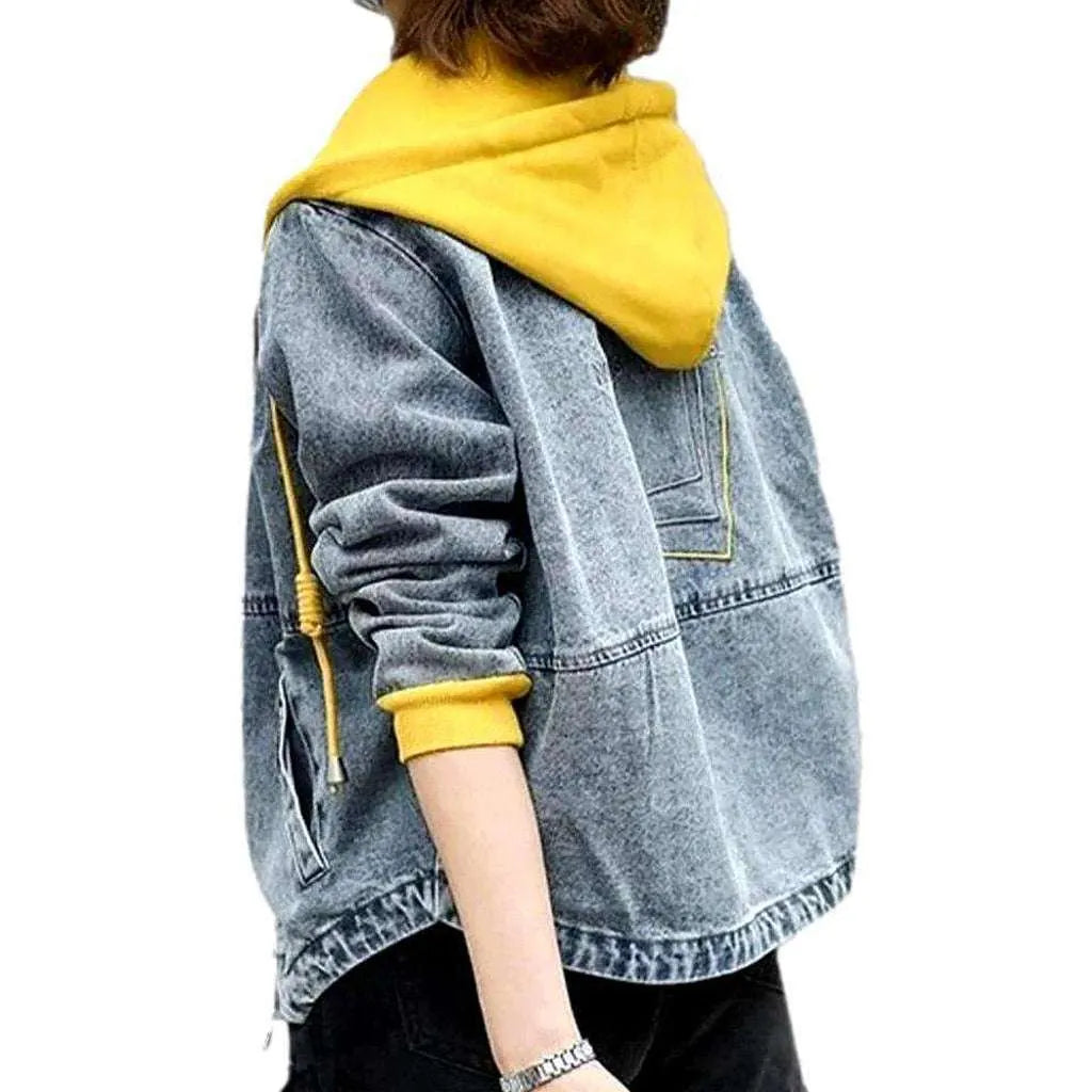 Yellow hoody embroidered denim jacket